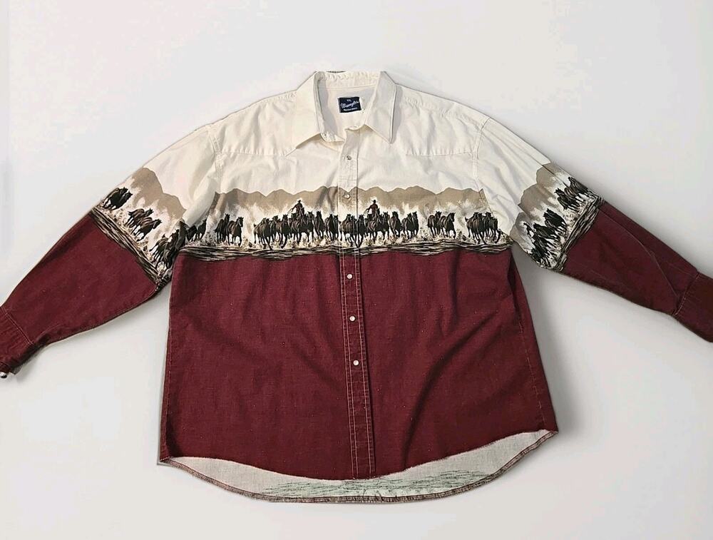 Vintage Wrangler Western Shirt XXL Horse Ranch Print Pearl Snap Beige Red
